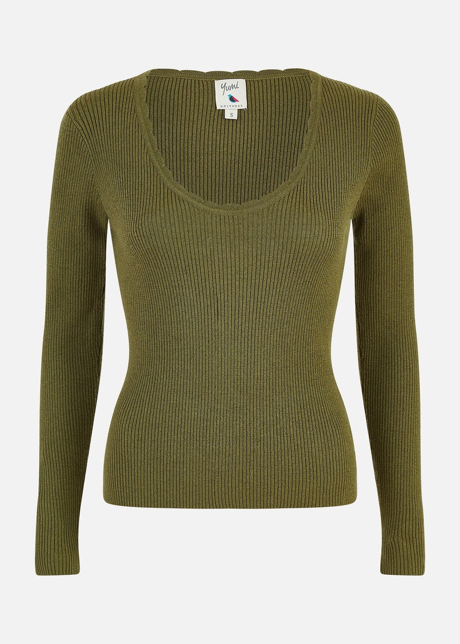 Yumi Green Metallic Knitted Ribbed Top