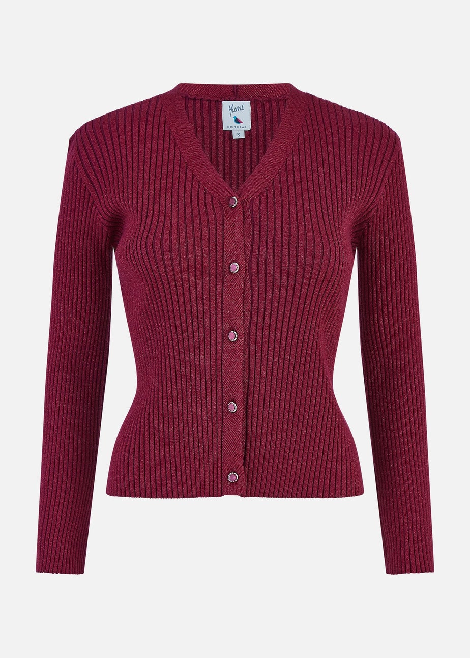 Yumi Burgundy Metallic Rib Knitted Cardigan