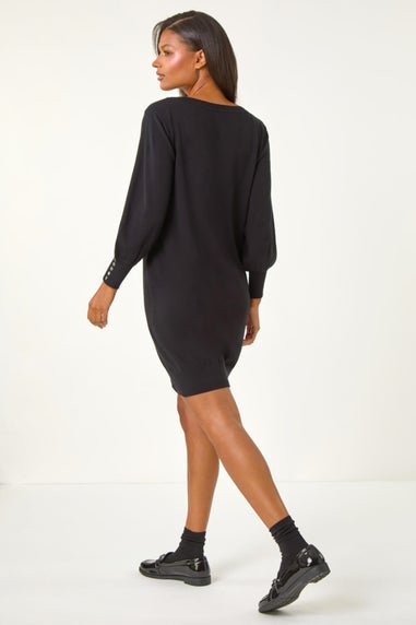Roman Black Button Detail Slash Neck Knitted Stretch Dress