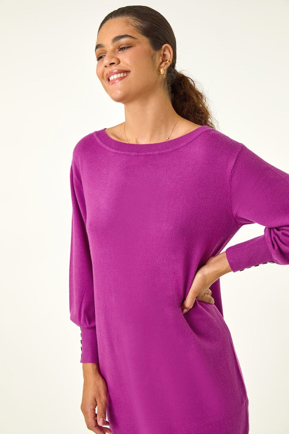 Roman Magenta Button Detail Slash Neck Knitted Stretch Dress