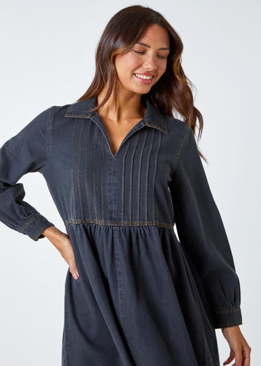 Roman Black Cotton Blend Denim Shirt Dress