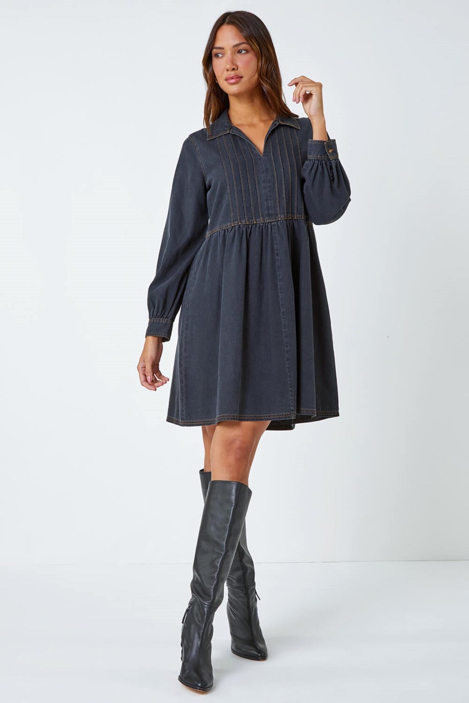 Roman Black Cotton Blend Denim Shirt Dress