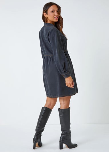 Roman Black Cotton Blend Denim Shirt Dress