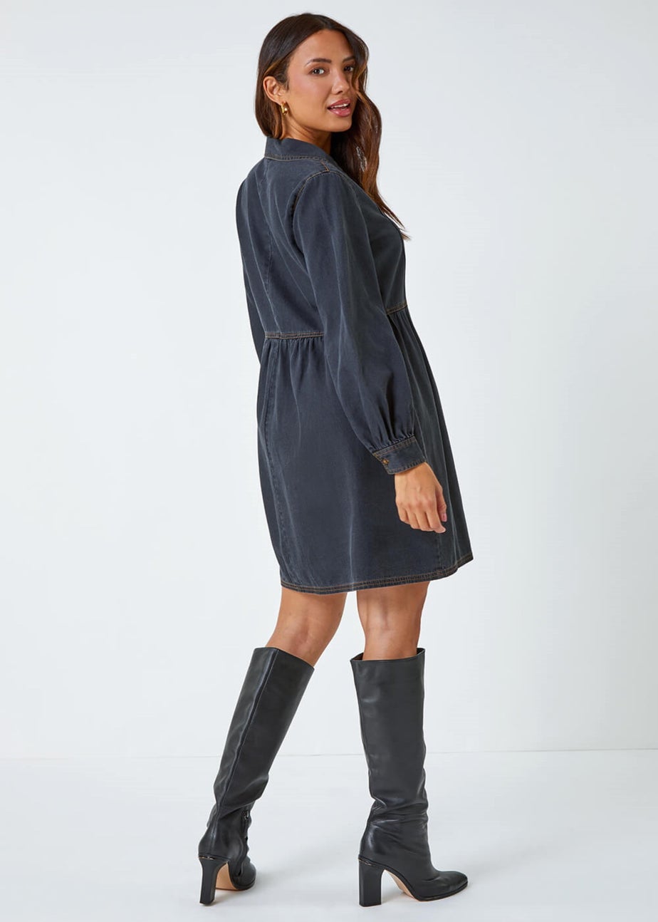 Roman Black Cotton Blend Denim Shirt Dress