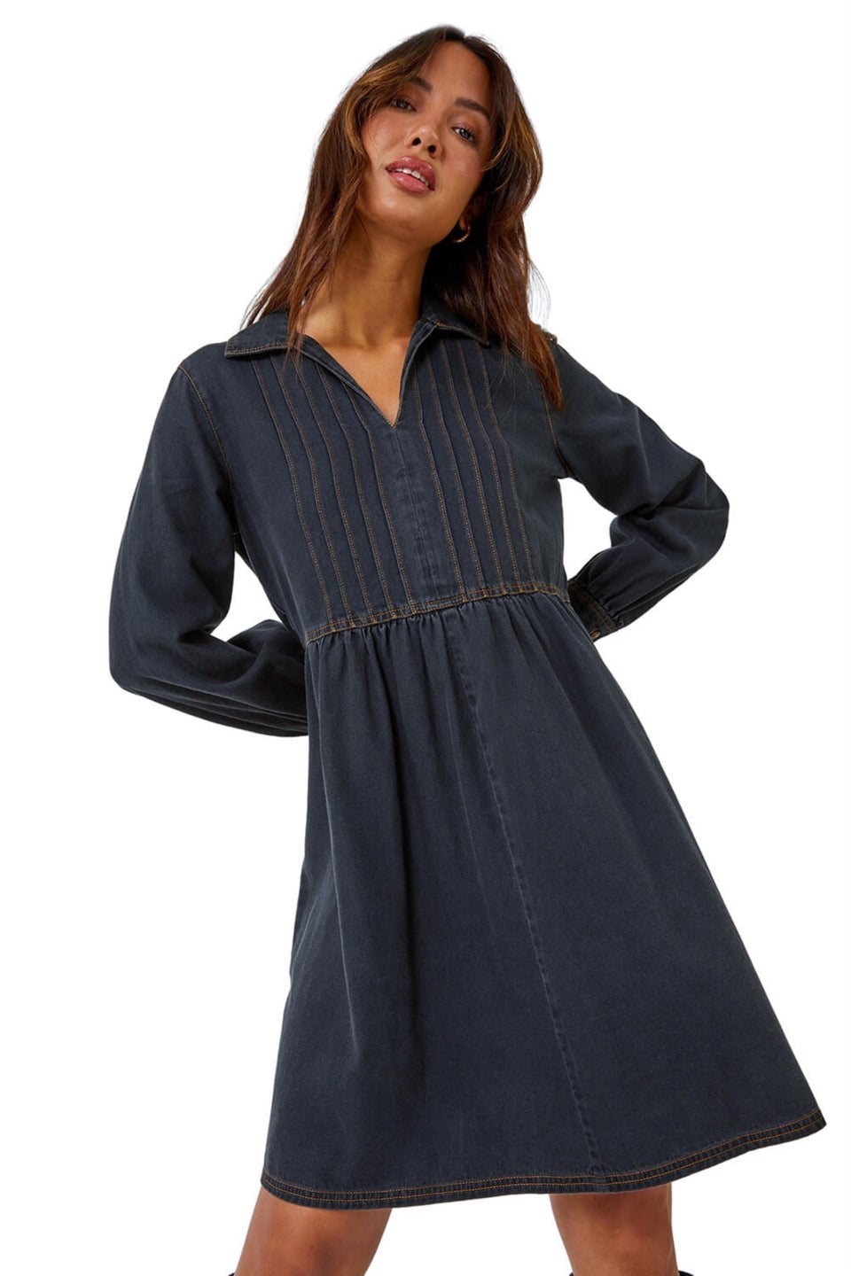 Roman Black Cotton Blend Denim Shirt Dress