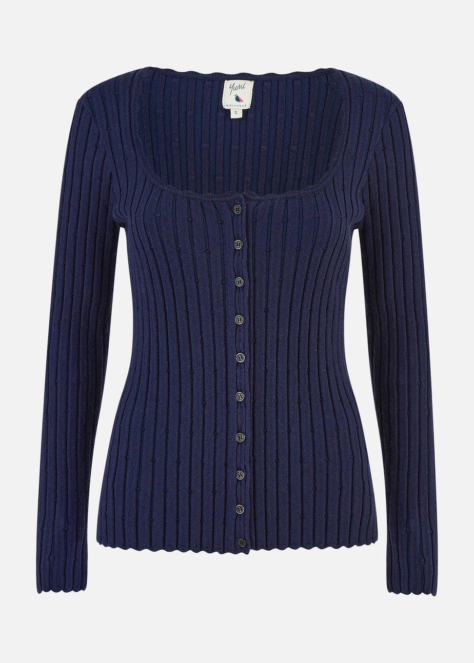 Yumi Navy Fitted Rib Button Up Cardigan