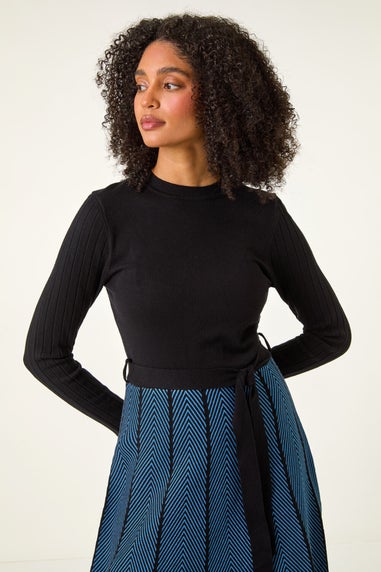 Roman Blue Chevron Print Belted Jumper Dress