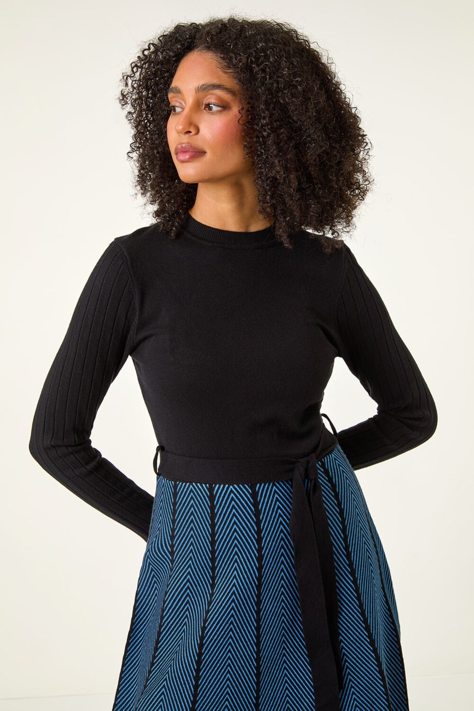 Roman Blue Chevron Print Belted Jumper Dress