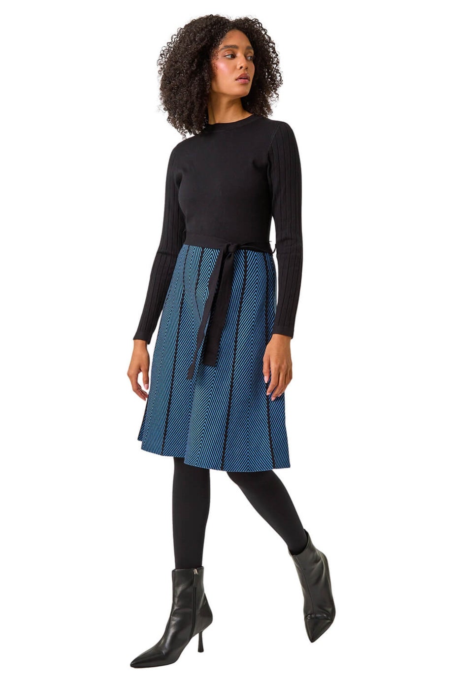 Roman Blue Chevron Print Belted Jumper Dress