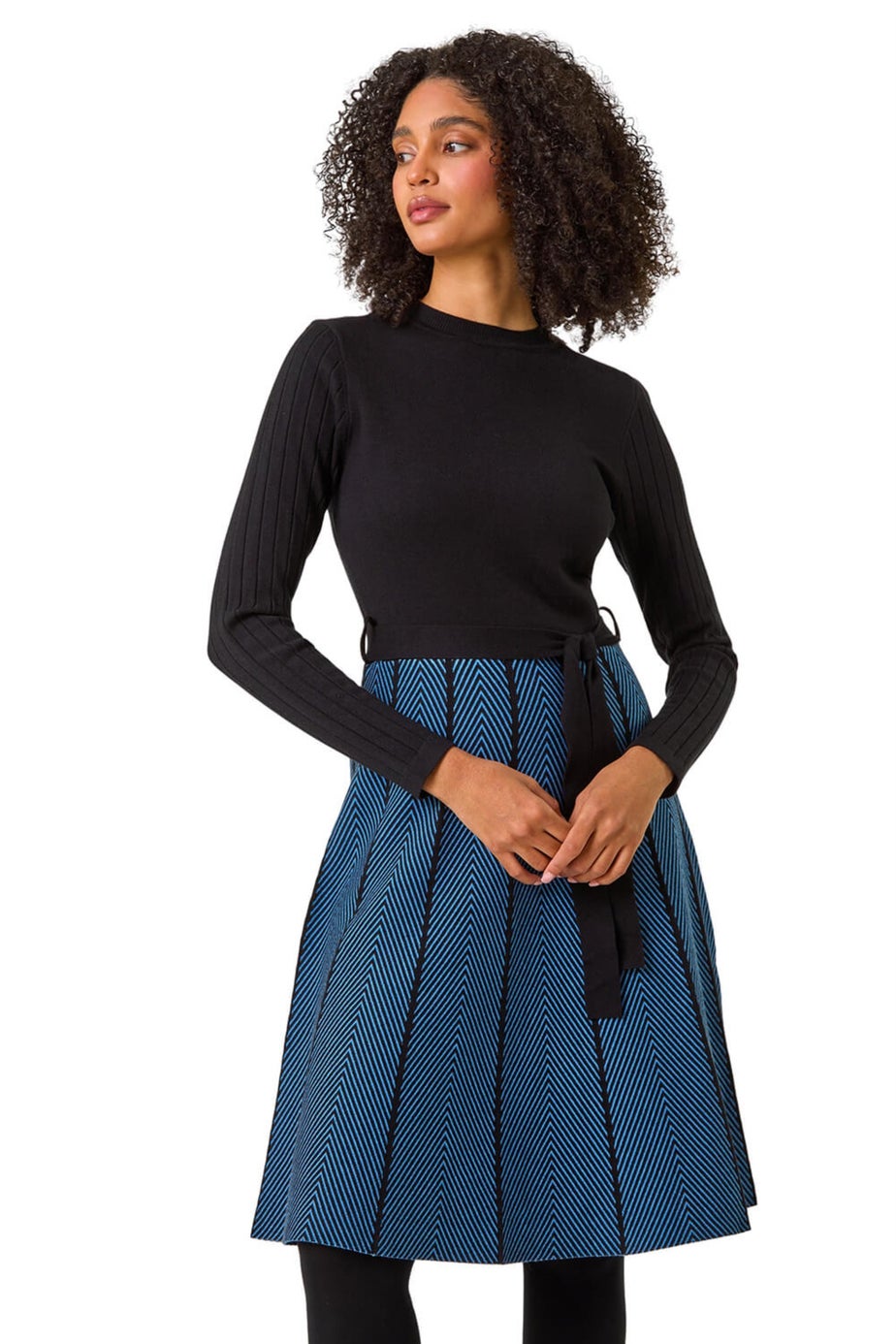 Roman Blue Chevron Print Belted Jumper Dress