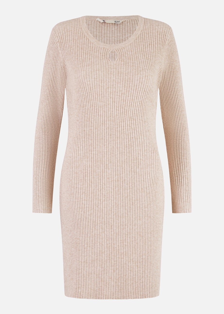 Yumi Beige Rib Knit Tunic Dress With Button Cuffs & Cut Out Detail
