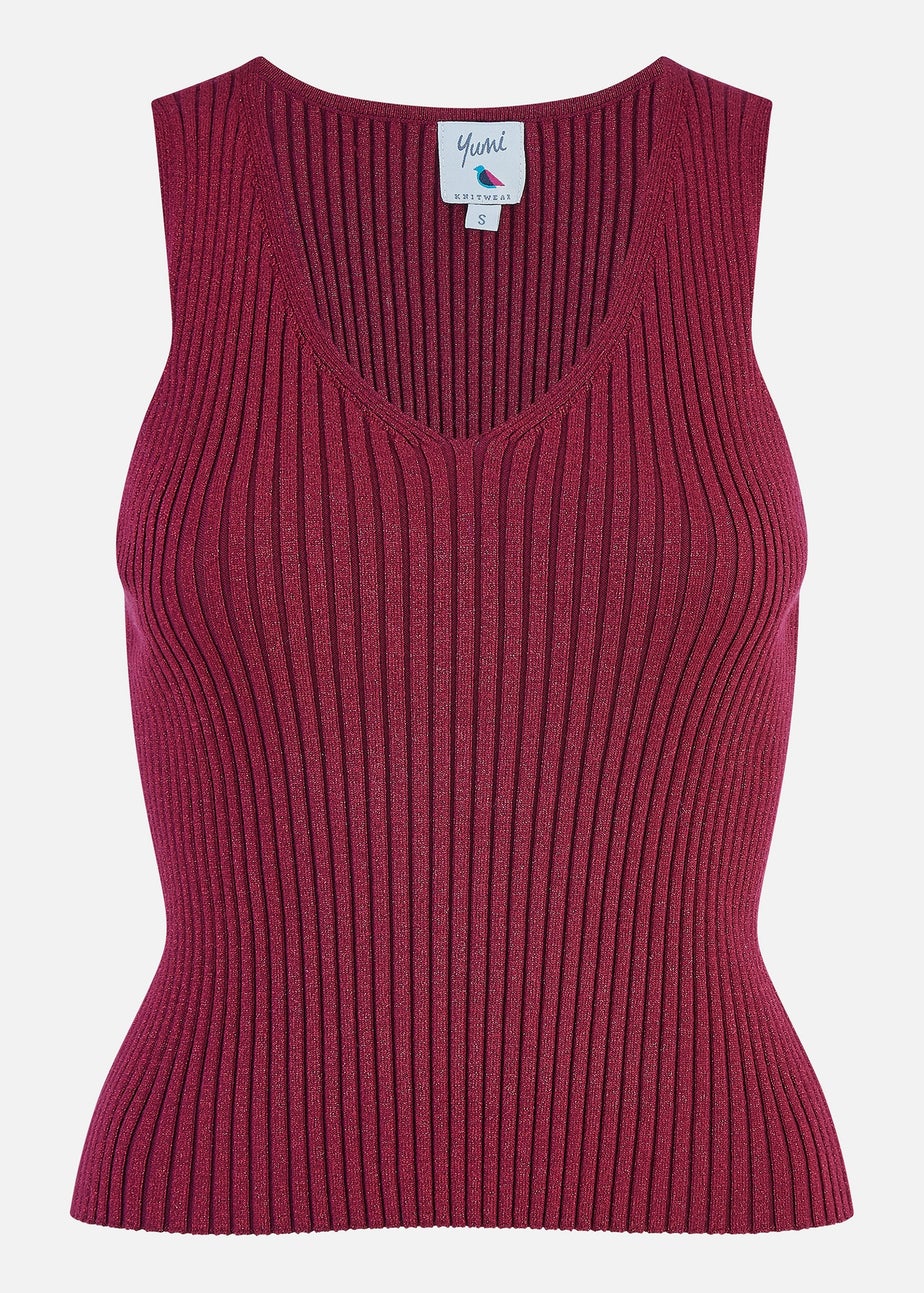 Yumi Burgundy Metallic Rib Knitted Vest Top