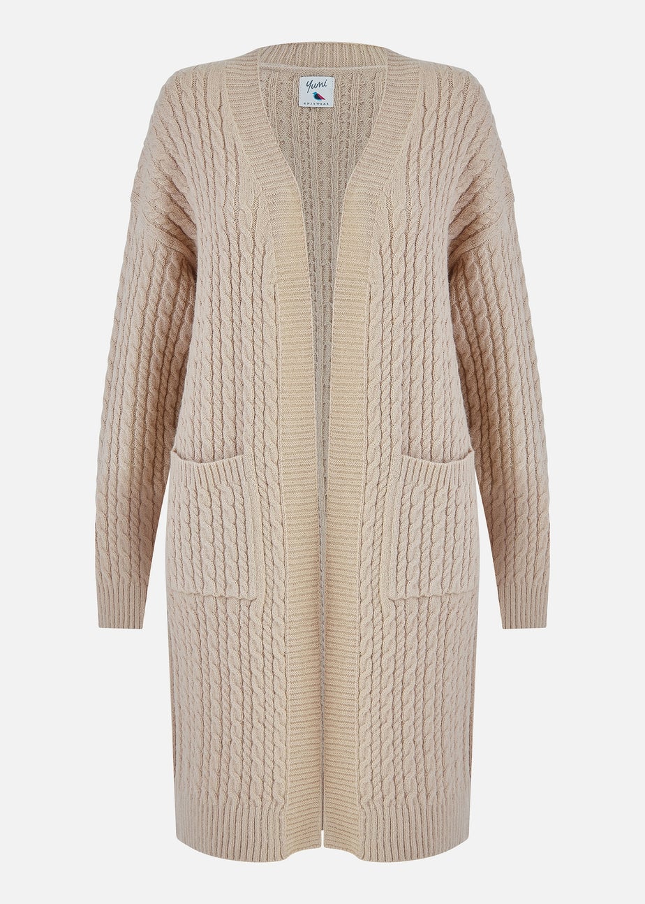 Yumi Beige Cable Knit Edge to Edge Long Cardigan With Pockets