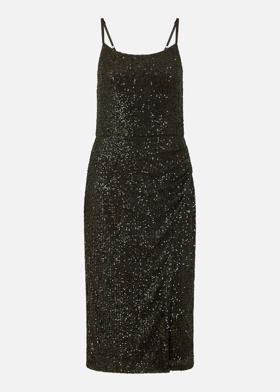 Mela Black Sequin Fitted Wrap Midi Dress