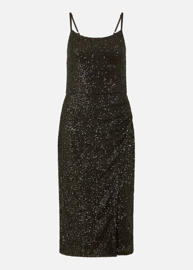 Mela Black Sequin Fitted Wrap Midi Dress