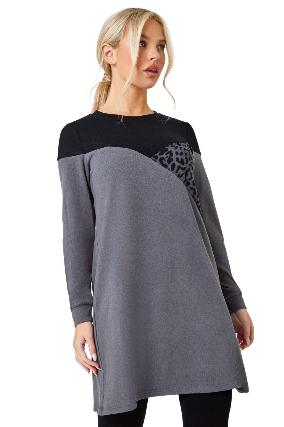Roman Dark Grey Petite Stretch Animal Colour Block Knit Dress