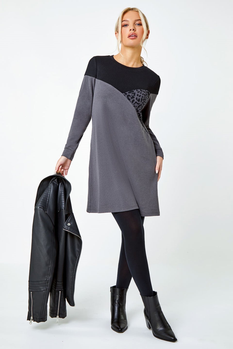 Roman Dark Grey Petite Stretch Animal Colour Block Knit Dress
