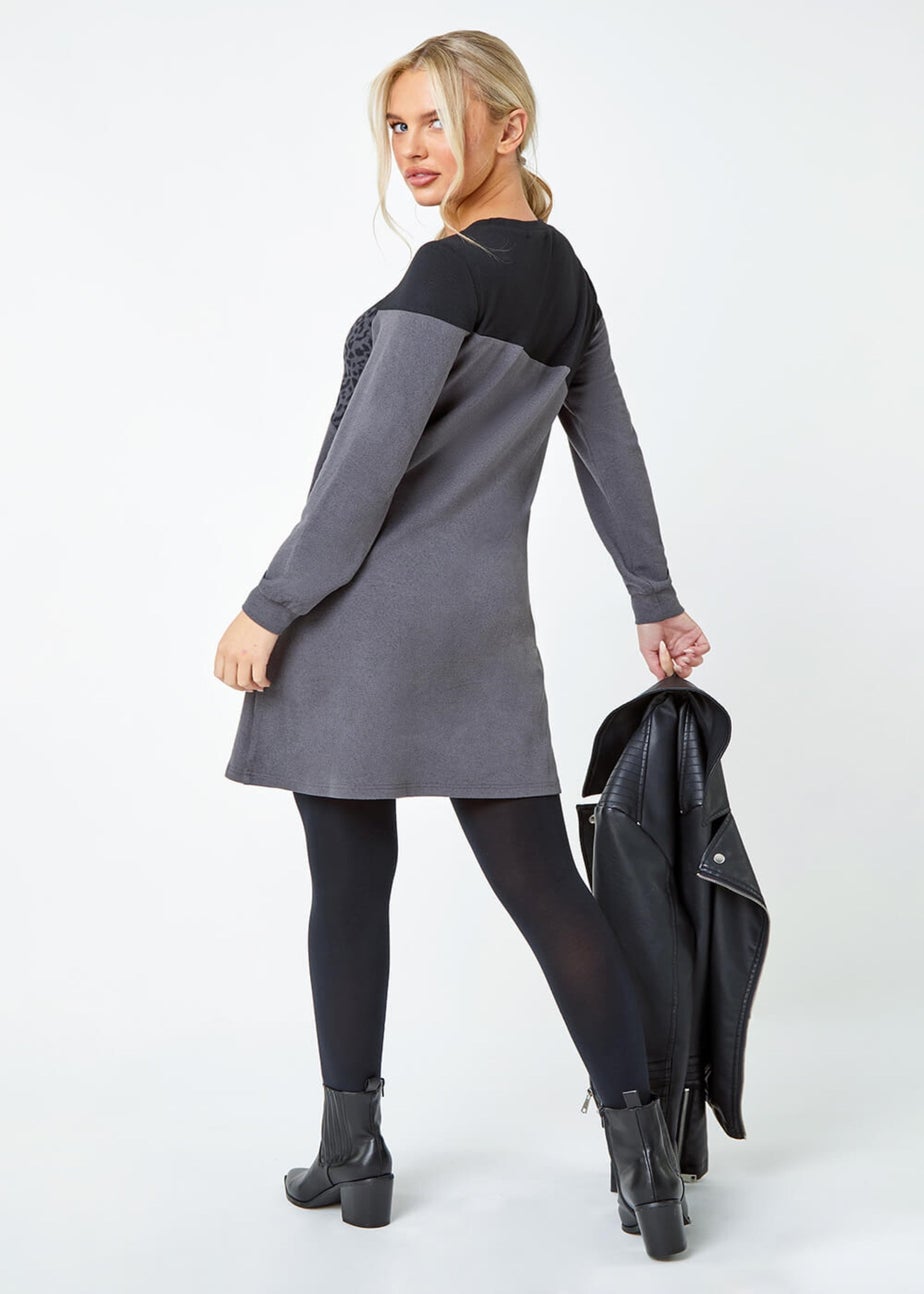 Roman Dark Grey Petite Stretch Animal Colour Block Knit Dress