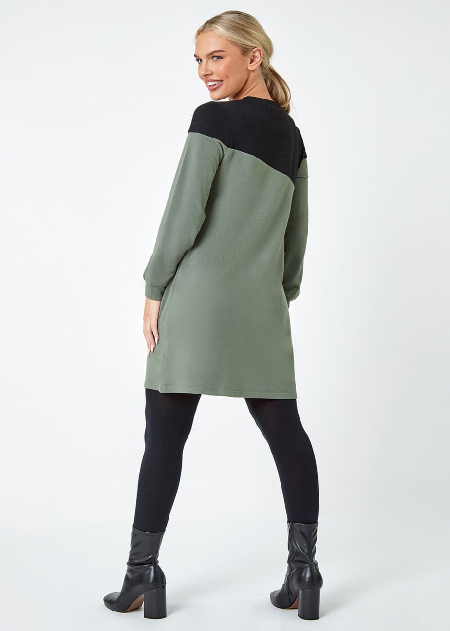 Roman Khaki Petite Leopard Print Colour Block Knit Dress