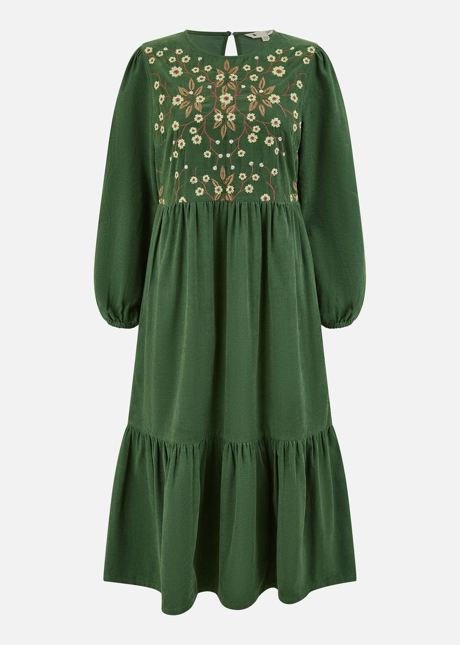 Yumi Green Long Sleeve Midi Dress With Floral Embroidery Bodice