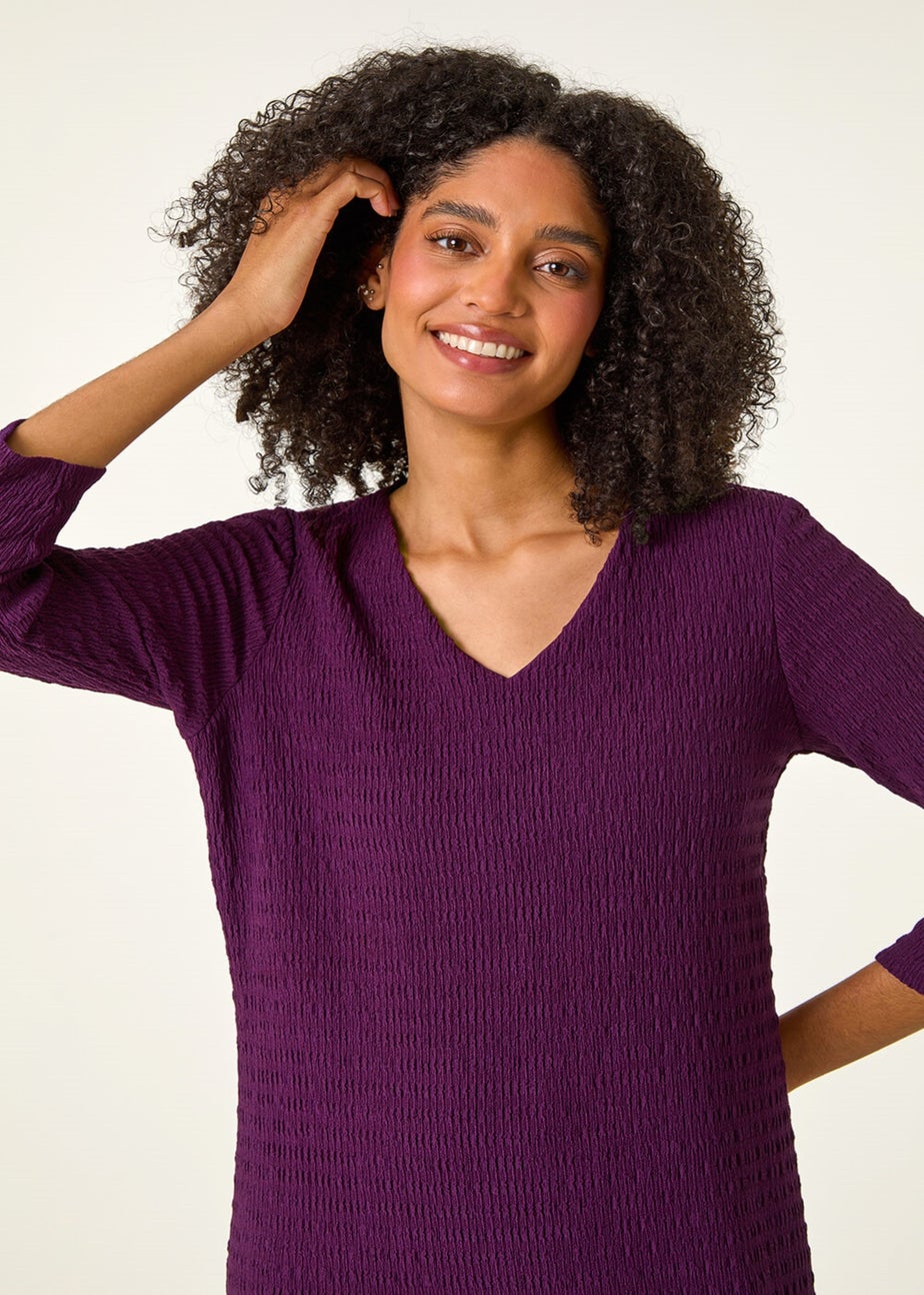 Roman Purple Textured V-Neck Stretch A-Line Dress