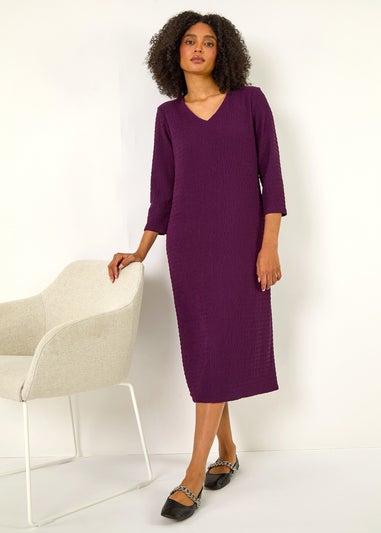 Roman Purple Textured V-Neck Stretch A-Line Dress