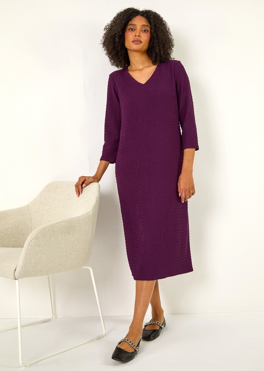 Roman Purple Textured V-Neck Stretch A-Line Dress