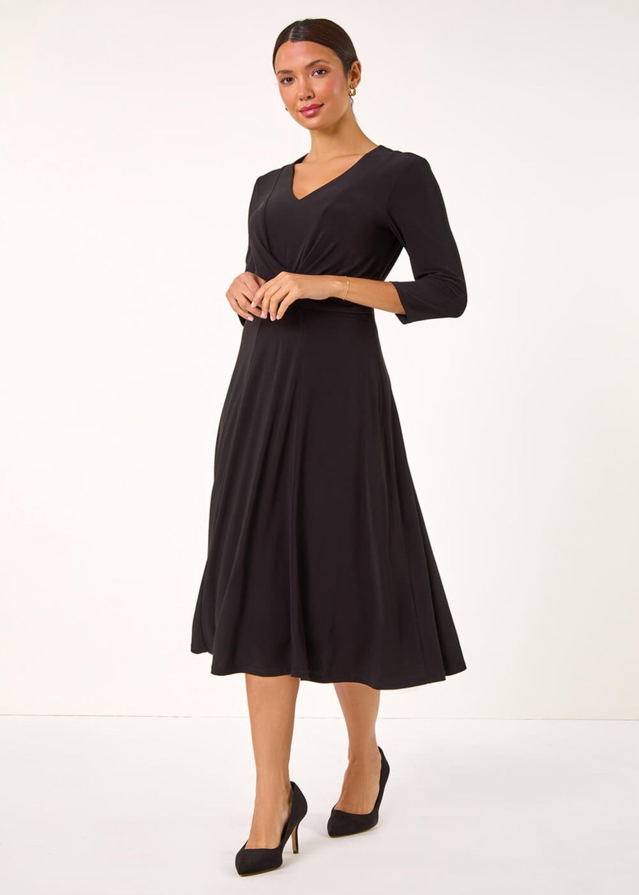 Roman Black Stretch Crossover Midi Dress