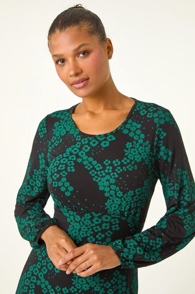 Roman Green Ditsy Floral Gathered Stretch Dress