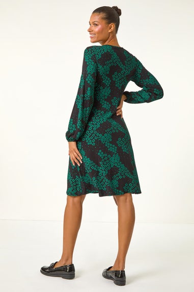 Roman Green Ditsy Floral Gathered Stretch Dress