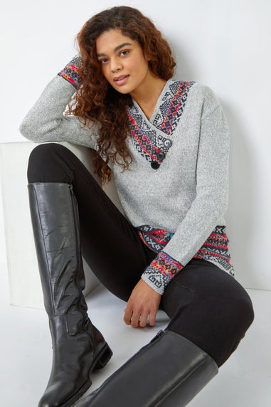 Roman Grey Nordic Print Button Detail V-Neck Jumper