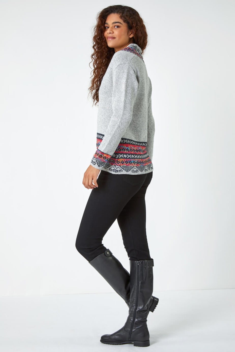 Roman Grey Nordic Print Button Detail V-Neck Jumper