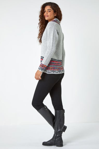 Roman Grey Nordic Print Button Detail V-Neck Jumper