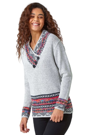 Roman Grey Nordic Print Button Detail V-Neck Jumper