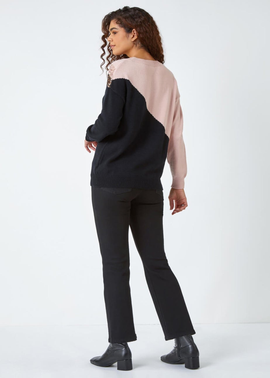 Roman Black Sequin Embellished Colourblock Jumper