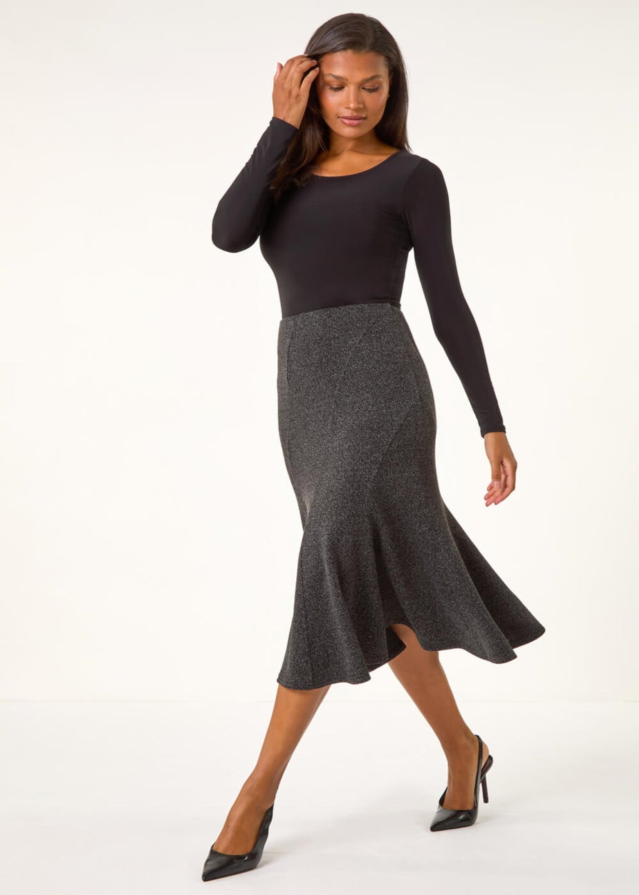 Roman Charcoal Flared Textured Midi Stretch Skirt