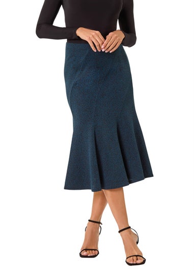Roman Teal Flared Textured Midi Stretch Skirt