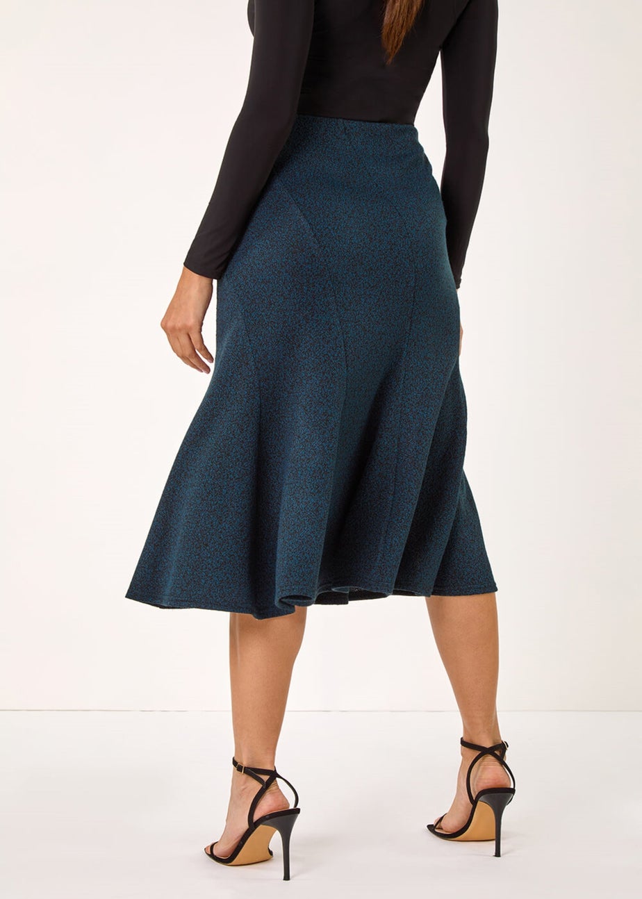 Roman Teal Flared Textured Midi Stretch Skirt