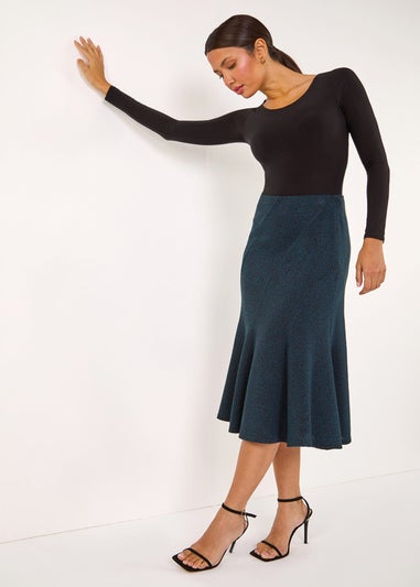 Roman Teal Flared Textured Midi Stretch Skirt