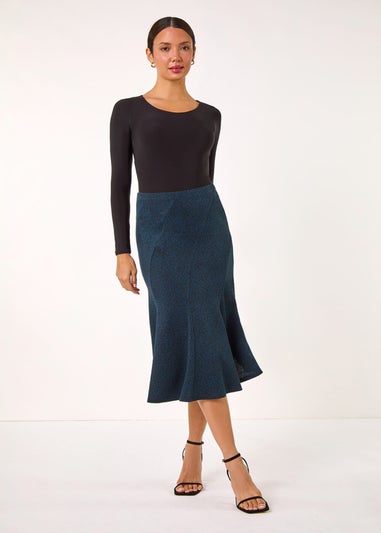Roman Teal Flared Textured Midi Stretch Skirt