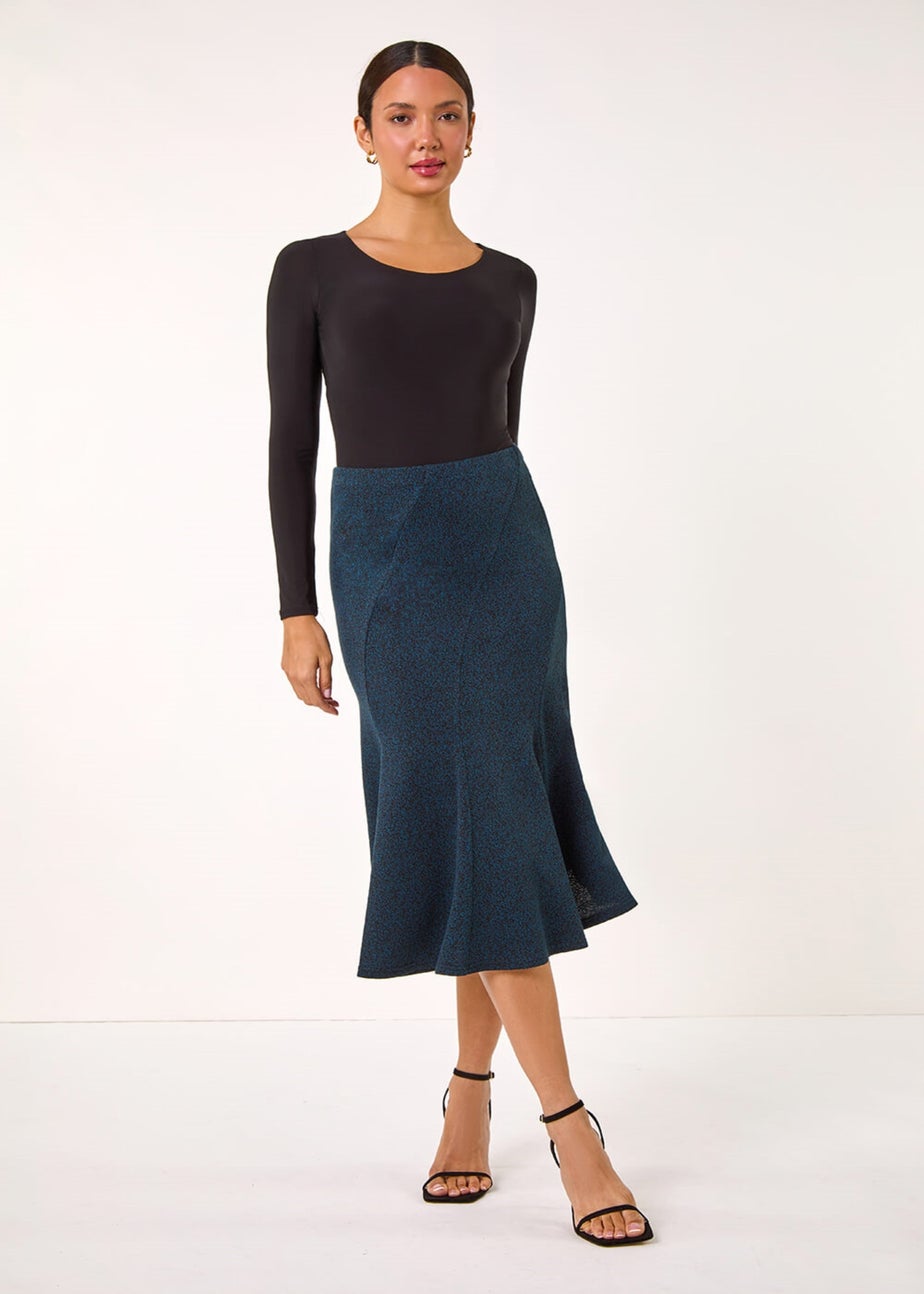 Roman Teal Flared Textured Midi Stretch Skirt
