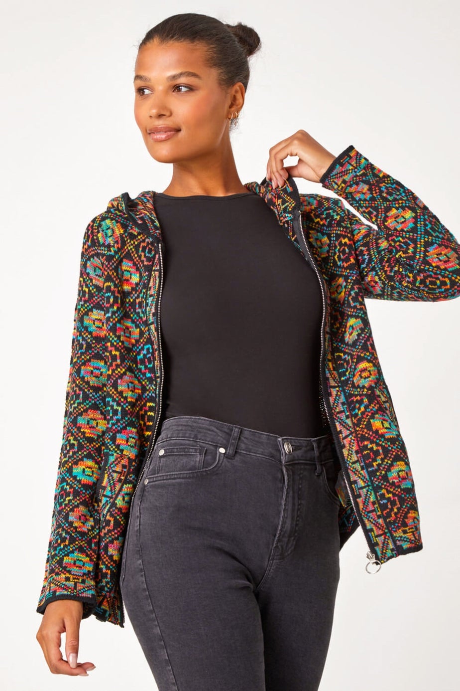 Roman Multi Aztec Zip Front Hooded Cardigan