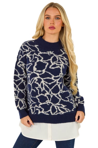 Roman Navy Floral Contrast Knit Jumper