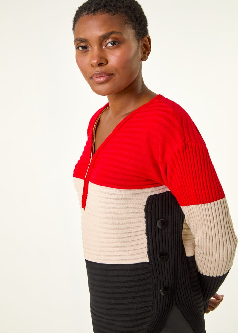 Roman Red Colour Block Zip Front Knit Jumper