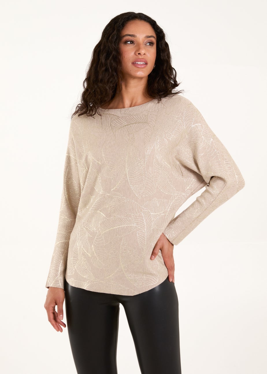 Blue Vanilla Beige Foil Leaf Print Round Neck Jumper