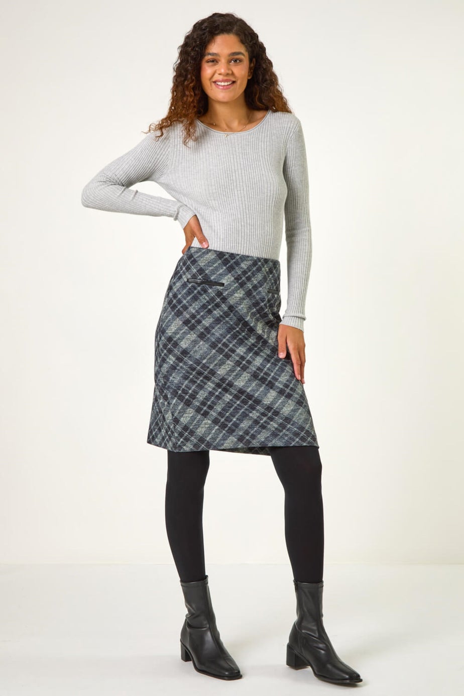 Roman Dark Grey Elastic Waist Check Print Pocket Pencil Skirt