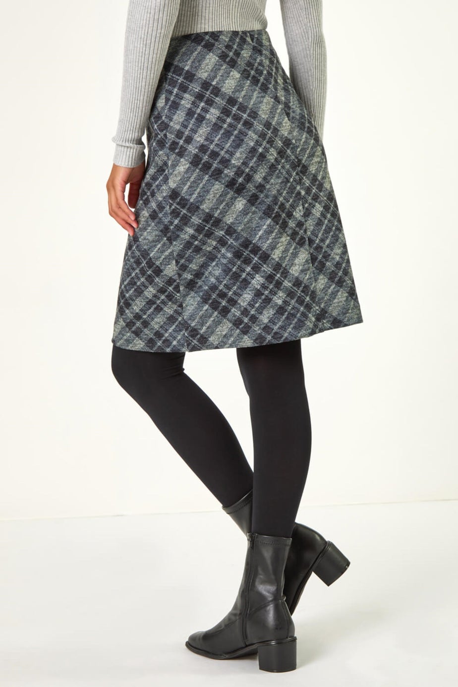 Roman Dark Grey Elastic Waist Check Print Pocket Pencil Skirt