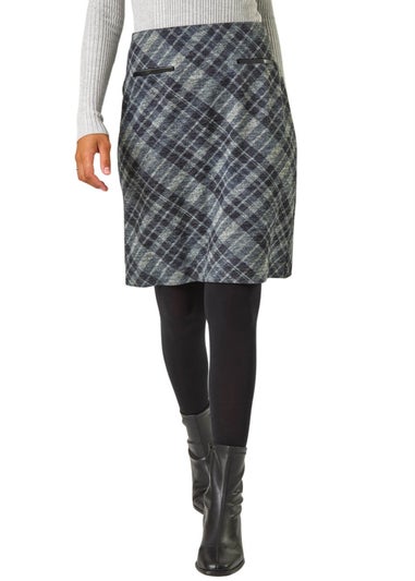 Roman Dark Grey Elastic Waist Check Print Pocket Pencil Skirt