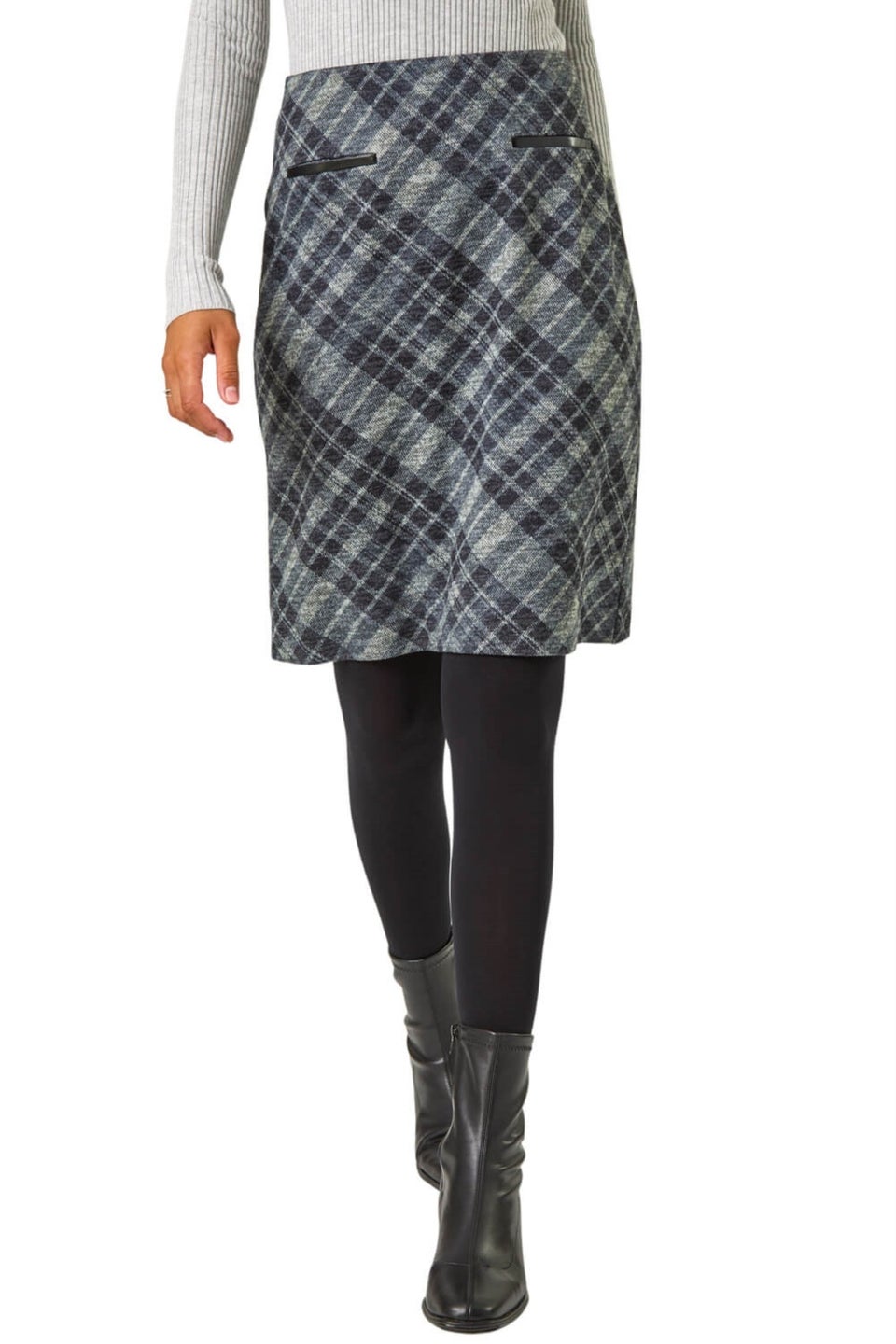 Roman Dark Grey Elastic Waist Check Print Pocket Pencil Skirt