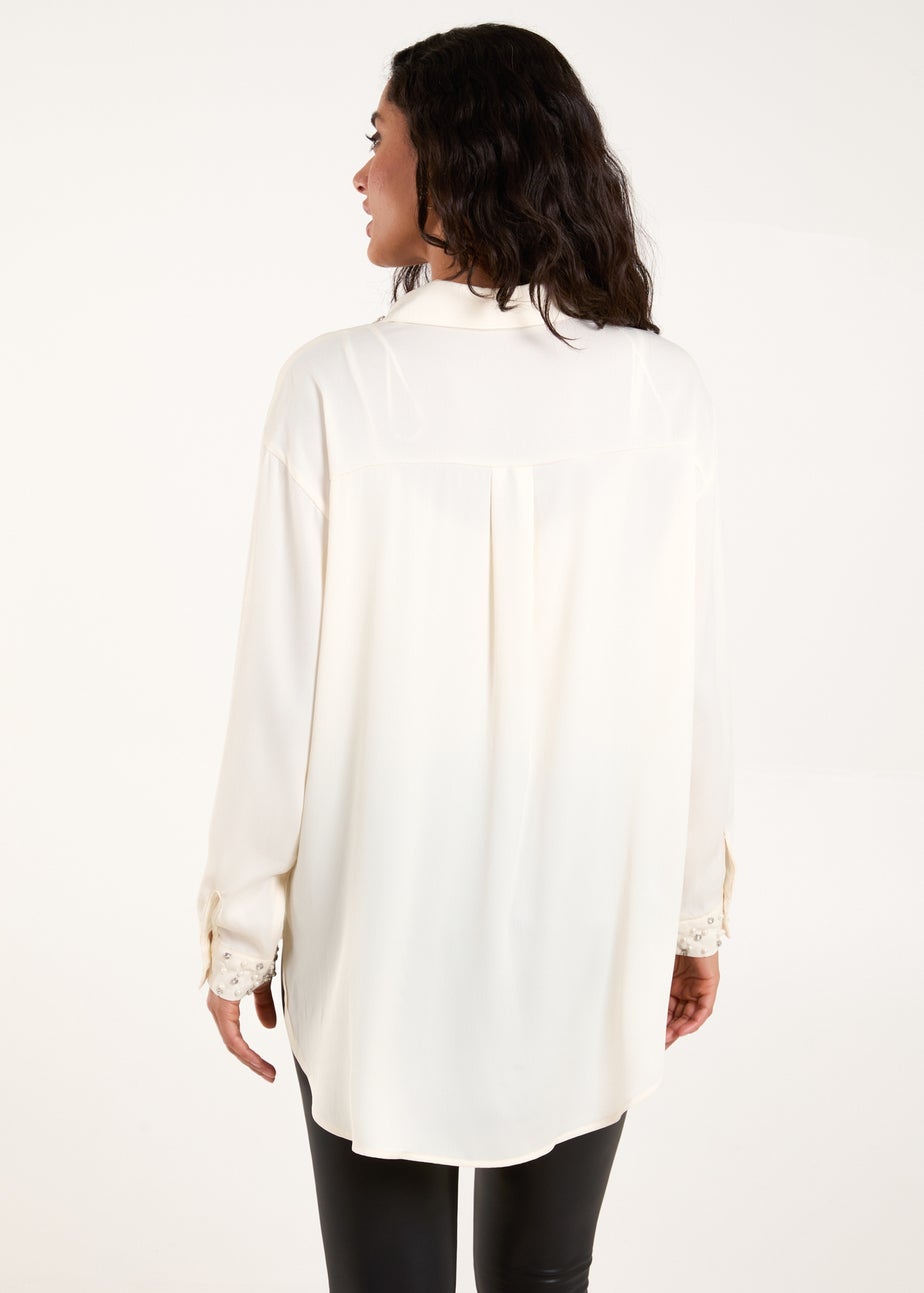 Blue Vanilla Cream Embellished Collar & Cuff Satin Shirt